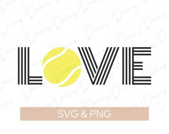 May include: Black and white striped graphic of the word "LOVE" with a yellow tennis ball in place of the "O". The text "SVG & PNG" is below the graphic.