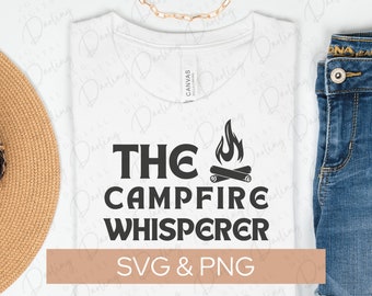 May include: White t-shirt with black text that reads "The Campfire Whisperer" and a campfire graphic. The text "SVG & PNG" is also included in black.