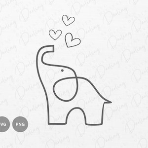 Bebé elefante SVG PNG, Elefante soplando corazones SVG, archivo de corte, Clipart de elefante, Contorno de elefante svg