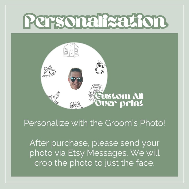 May include: A green background with the word "Personalization" in a decorative font. A circular design features a man's face, surrounded by wedding-themed illustrations. Text reads, "Personalize with the Groom's Photo!"