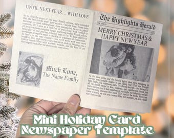 May include: A mini holiday card template designed to resemble a newspaper. The card features the headline "Merry Christmas & Happy New Year" and includes text and a family photo. The bottom of the card reads "Mini Holiday Card Newspaper Template".