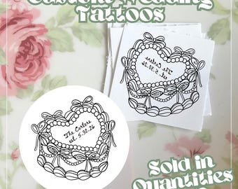 Tatuajes temporales personalizados de pastel de corazón, recuerdo de boda al por mayor, tatuajes personalizados para una actividad única en la mesa de boda, recuerdo clásico de fiesta