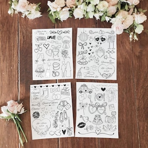 May include: Four sheets of white paper with black ink drawings of wedding-themed illustrations. The illustrations include hearts, rings, doves, wedding cake, champagne glasses, and more.