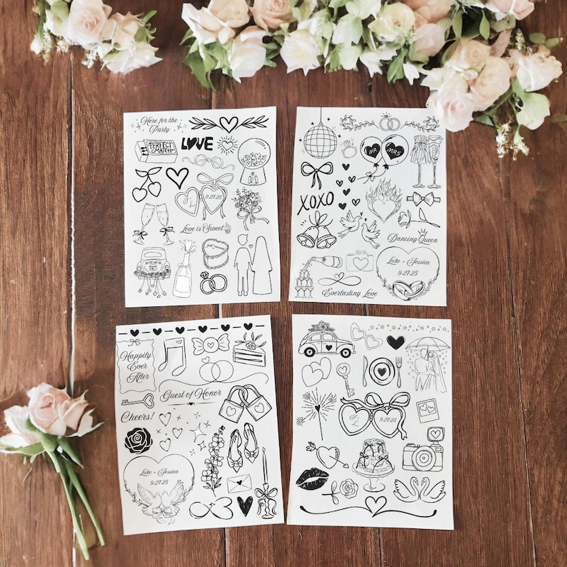 Peut inclure: Quatre feuilles de papier blanc avec des dessins &agrave; l'encre noire d'illustrations sur le th&egrave;me du mariage. Les illustrations comprennent des c&oelig;urs, des anneaux, des colombes, un g&acirc;teau de mariage, des fl&ucirc;tes &agrave; champagne et plus encore.