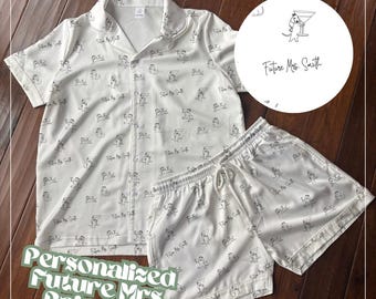 Martini and Weenies Dog Future Mrs Personalized Bride Pajamas Bridal PJ Set for Wedding Day Gift Getting Ready Set Engagement Present