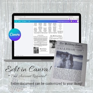 May include: A laptop displays a wedding newspaper template with the text "LUKE & JESS SAY 'I DO!'" and "The Wedding Times." The Canva logo is visible. The image also shows a printed newspaper with the same headline.
