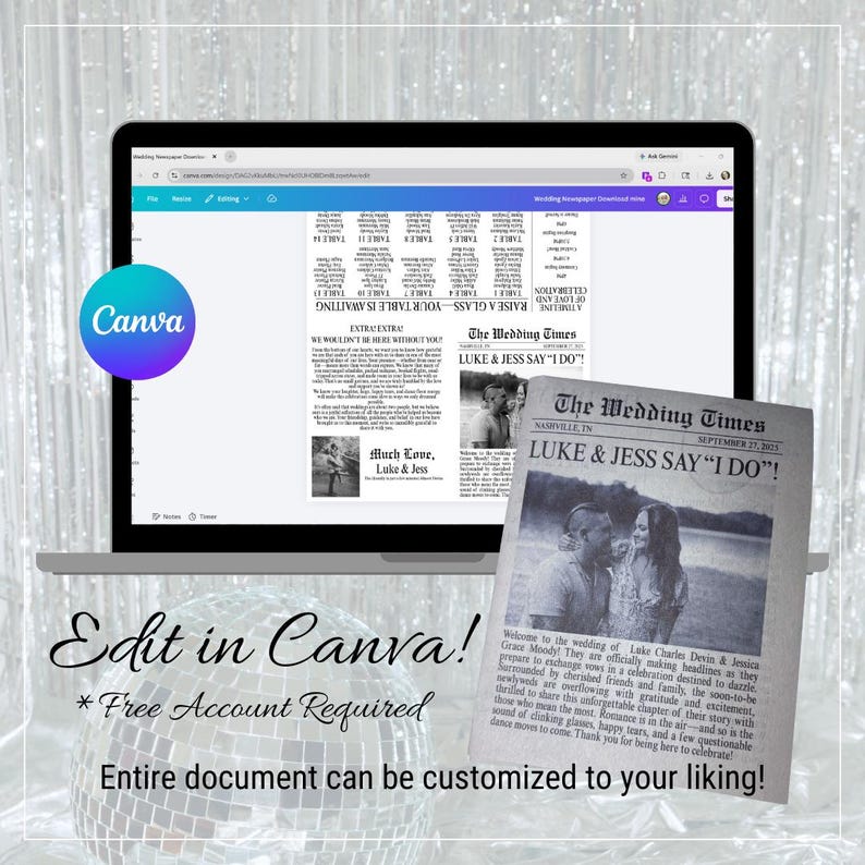 May include: A laptop displays a wedding newspaper template with the text "LUKE & JESS SAY 'I DO!'" and "The Wedding Times." The Canva logo is visible. The image also shows a printed newspaper with the same headline.
