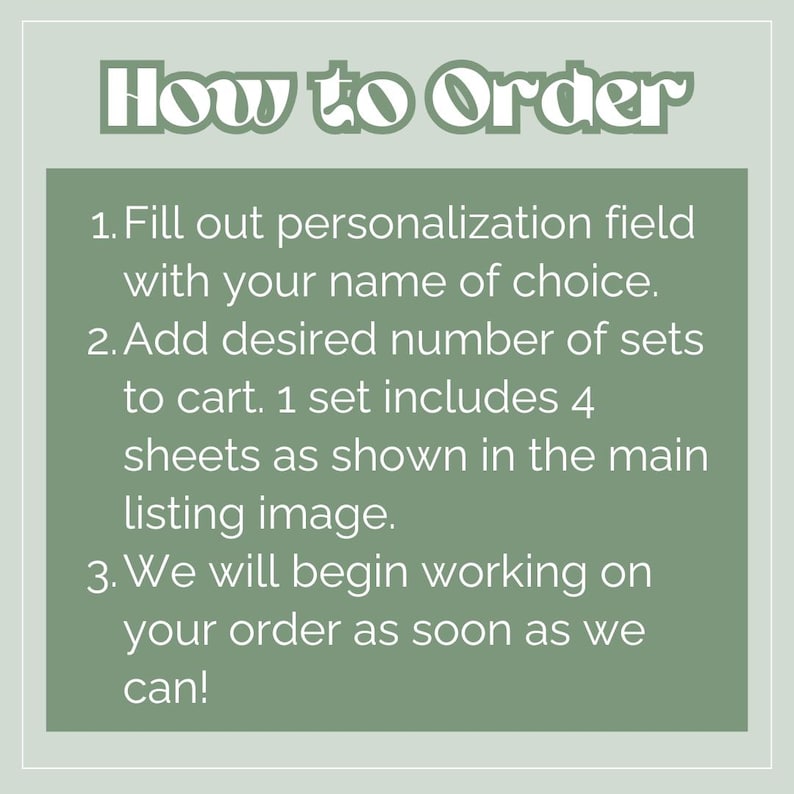 May include: A graphic with the text "How to Order" at the top. Instructions are listed below: Fill out personalization field, add desired number of sets to cart, and the order will be processed.