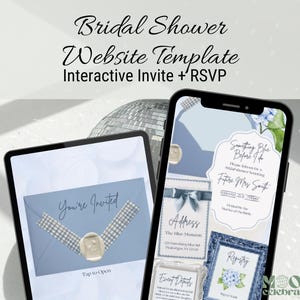 May include: A digital bridal shower website template displayed on a tablet and smartphone. The tablet shows an invitation with a wax seal and the text "You're Invited". The phone displays an interactive invite with event details.