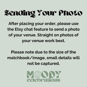 Puede incluir: Un fondo verde claro con texto negro que dice "Sending Your Photo". El texto proporciona instrucciones para enviar una foto de un lugar despu&eacute;s de realizar un pedido. La parte inferior de la imagen muestra el logotipo de "MOODY celebrations".