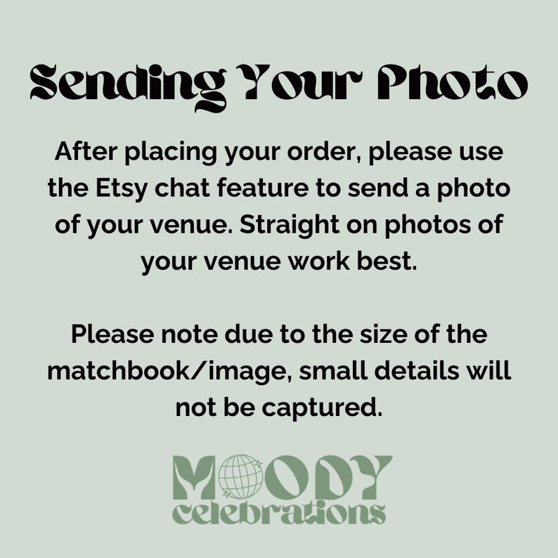 Puede incluir: Un fondo verde claro con texto negro que dice "Sending Your Photo". El texto proporciona instrucciones para enviar una foto de un lugar despu&eacute;s de realizar un pedido. La parte inferior de la imagen muestra el logotipo de "MOODY celebrations".