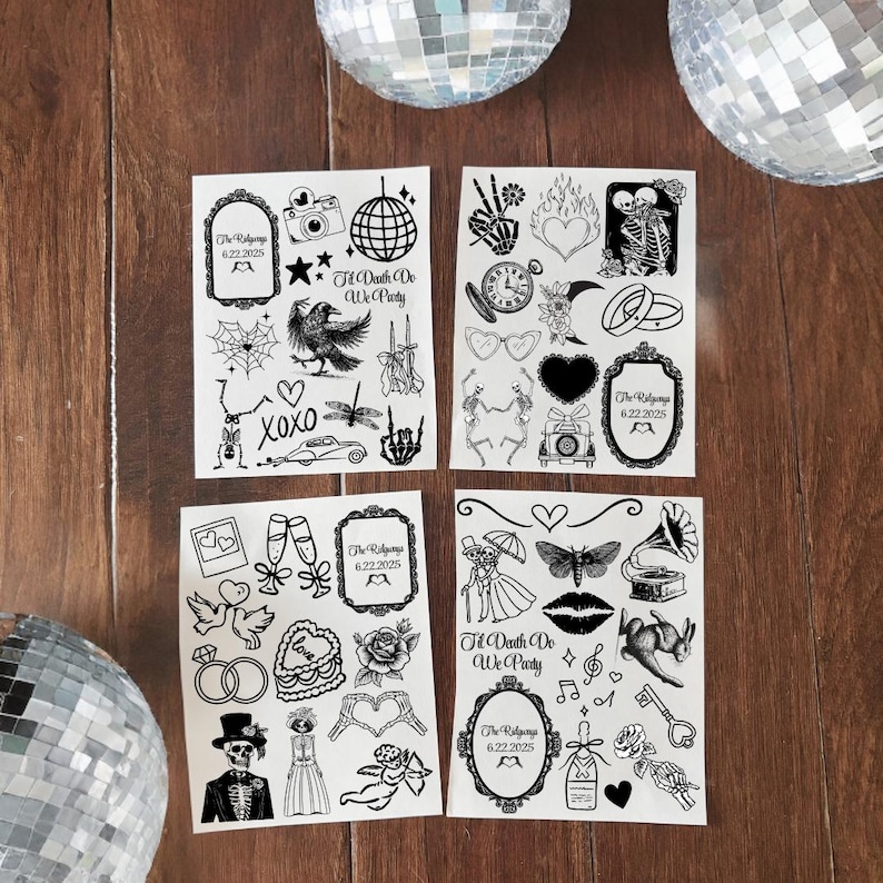 May include: Four sheets of temporary tattoos with a black and white design. The tattoos feature various images including a skeleton, a skull, a heart, a camera, a butterfly, a dragonfly, a record player, a bottle of champagne, a ring, a key, a musical note, a heart, a flower, and the text "Til Death Do We Party".
