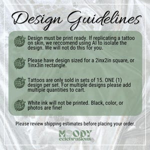 May include: A sage green informational graphic titled Design Guidelines with four bullet points marked by disco ball icons. It specifies requirements for print-ready designs, sizing of 2in x 2in or 1in x 3in, sets of 15, and ink color limitations.