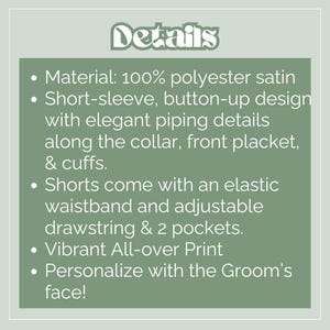 May include: Text on a green background reads "Details" followed by bullet points describing a short-sleeve, button-up design made of 100% polyester satin with piping details, elastic waistband shorts, and a vibrant all-over print.