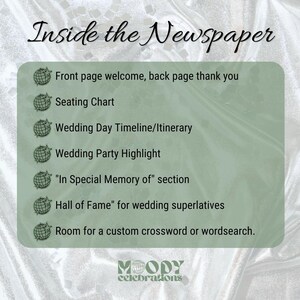 May include: A green-toned graphic with the text "Inside the Newspaper" and a list of wedding-related sections, including a seating chart and wedding day itinerary. The bottom of the graphic displays the "MOODY celebrations" logo.