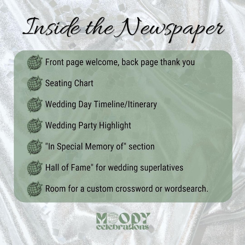 May include: A green-toned graphic with the text "Inside the Newspaper" and a list of wedding-related sections, including a seating chart and wedding day itinerary. The bottom of the graphic displays the "MOODY celebrations" logo.