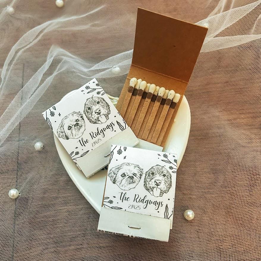 Custom Pet Matchbooks for Bulk Wedding Favors, Bridal Shower Favors for Guests, Dog or Cat Sketch Matchboxes Personalized with Matches