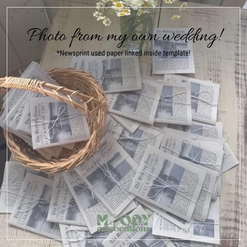 May include: A collection of newspaper-style wedding favors tied with twine, some in a woven basket. The text on the favors reads "The Wedding Times" and "LUKE & JESS SAY I DO". The image also includes the text "Photo from my own wedding!" and "*Newsprint used paper linked inside template!"