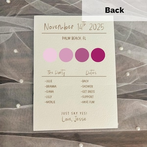 May include: A cream-colored card with the text "November 14th 2025" and "Palm Beach, FL". It includes a color palette of pink hues and lists names and duties. The card is signed "Love, Jessie".
