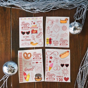May include: Four sheets of stickers with red and white illustrations. Designs include hot dogs, hearts, dachshunds, and text like "Weenie Forever" and "Hot Bums & High Standards." The stickers are for a bachelorette party.