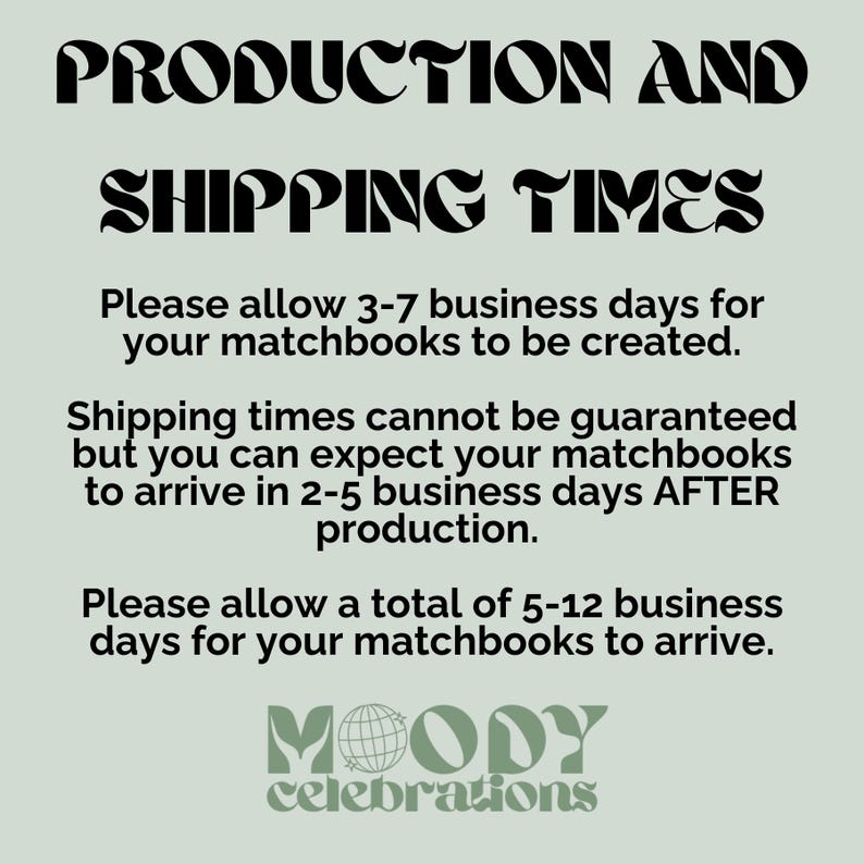 Puede incluir: Texto sobre un fondo verde claro que dice: "TIEMPOS DE PRODUCCI&Oacute;N Y ENV&Iacute;O". Detalla los tiempos de producci&oacute;n y env&iacute;o de cajas de cerillas, indicando de 3 a 7 d&iacute;as h&aacute;biles para la creaci&oacute;n y de 2 a 5 d&iacute;as h&aacute;biles para el env&iacute;o despu&eacute;s de la producci&oacute;n. El tiempo total es de 5 a 12 d&iacute;as h&aacute;biles.