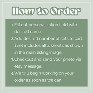 May include: Image with text: "How to Order" followed by four steps. The steps include filling out a personalization field, adding sets to the cart, checking out, and sending a photo via Etsy message.