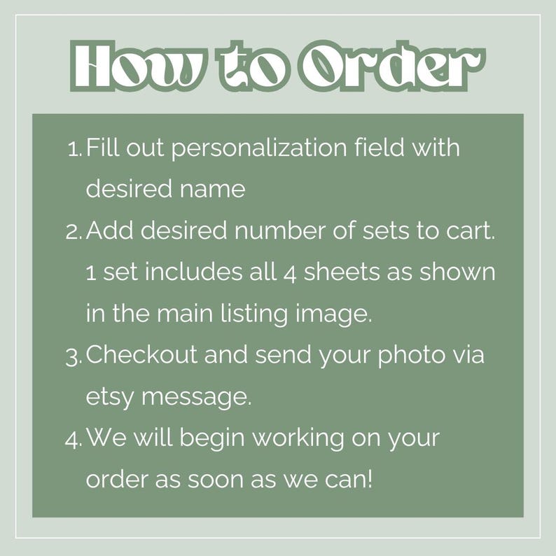 May include: Image with text: "How to Order" followed by four steps. The steps include filling out a personalization field, adding sets to the cart, checking out, and sending a photo via Etsy message.