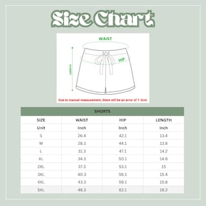 May include: A size chart for shorts, featuring a diagram and a table with measurements in inches. The chart includes waist, hip, and length measurements for sizes S through 5XL. The text states that there may be a 1-3cm error due to manual measurement.