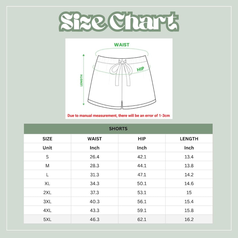 May include: A size chart for shorts, featuring a diagram and a table with measurements in inches. The chart includes waist, hip, and length measurements for sizes S through 5XL. The text states that there may be a 1-3cm error due to manual measurement.