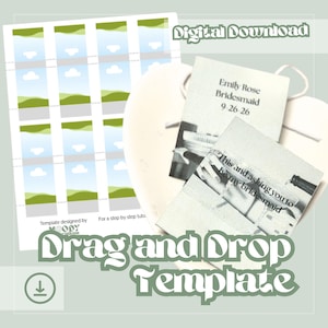 Może przedstawiać: Szablon do pobrania cyfrowego z siatką symboli zastępczych obrazów, tekstem "Drag and Drop Template" i kartami zaproszeń dla druhen. Na kartach widnieje napis "Emily Rose Bridesmaid 9-26-26" oraz "This and asking you to be my bridesmaid".
