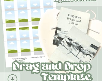 May include: Digital download template with a grid of image placeholders, text reading "Drag and Drop Template," and bridesmaid invitation cards. The cards have text that reads "Emily Rose Bridesmaid 9-26-26" and "This and asking you to be my bridesmaid."