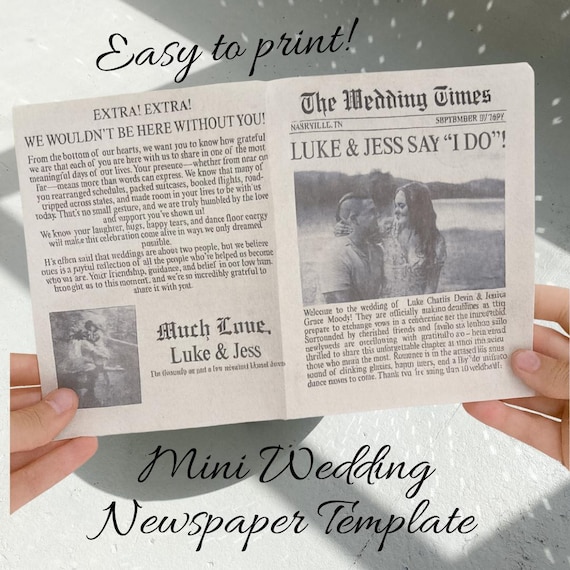Mini Wedding Newspaper Digital Download Printable Folded Wedding Ceremony Program Template Editable Seating Chart Wedding Day Timeline