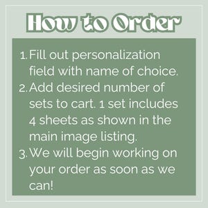 May include: A graphic with the text "How to Order" in a decorative font. The text below explains the ordering process: fill out the personalization field, add sets to cart, and the order will be processed.