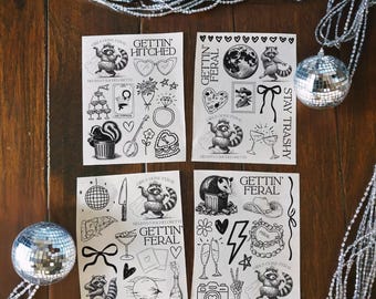 Girls Gone Feral Custom Bachelorette Tattoos Funny Party Favors Personalized Temporary Tattoos Racoon Weirdocore Gettin Hitched Gettin Feral