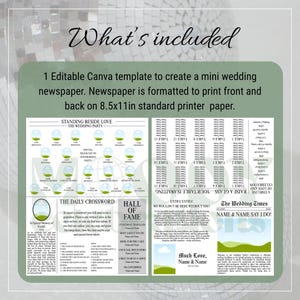 May include: A wedding newspaper template with a green border. The template includes sections for the wedding party, crossword, hall of fame, and a timeline. The text includes "What's included" and "The Wedding Times".