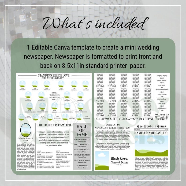 May include: A wedding newspaper template with a green border. The template includes sections for the wedding party, crossword, hall of fame, and a timeline. The text includes "What's included" and "The Wedding Times".