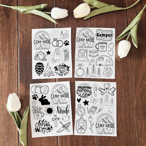 Custom Camp Bachelorette Temporary Tattoos Funny Bach Party Favors Personalized Camp Bride Tattoos Camping Bridal Shower Activity