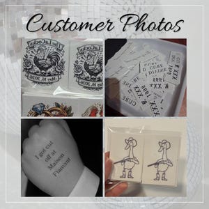 May include: A collection of temporary tattoos featuring various black and white designs, including a rooster with the text The LaCocks May 16 2026, a duck wearing a cowboy hat and boots holding a rifle, and text reading I got cut off at Maison Flamant.