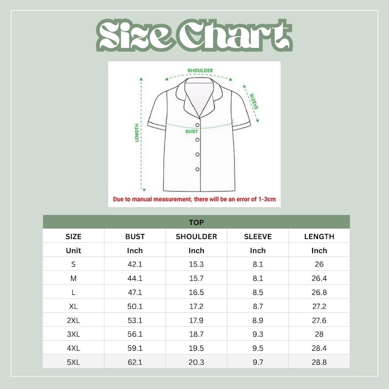 May include: A size chart for a top, featuring measurements in inches. The chart includes bust, shoulder, sleeve, and length dimensions for sizes S through 5XL. A diagram of the top is also included, with labels for bust, shoulder, and sleeve.