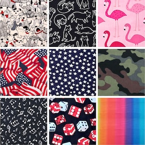May include: Nine fabric swatches with various patterns. Top row: dogs, white cat outlines on black, pink flamingos. Middle row: American flags, white stars on navy, camouflage. Bottom row: musical notes, red and white dice, and a rainbow gradient.