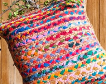 4 Set chindi cushion cover, handmade cotton jute cushion cover, handmade of jute and colorful cotton fabric cushion cover, braided Cushion