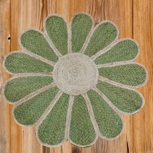 Alfombra de yute verde con forma de flor: redonda, trenzada a mano