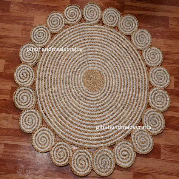 Scalloped jute rug with white cotton 2ft 3ft 5ft 6ft 7ft round shape Free shipping decorative rug pattern rug area rug handmade jute carpet