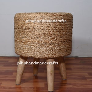 Golden Color Jute 14x14x18 inch Round pouf stool, Ottoman Footstool Pouf Upholstered Stool, Vanity Floral Chair, Accent Stool  Free Shipping