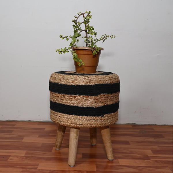 14x14x18 inches  Black and Golden Color Round Jute pouf Stool, Footstool ottoman, Piano chair, Moroccan Pouf, Make Up Stool, Footrest Bench