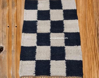 Tapete artesanal de cânhamo e juta azul e branco, passadeira personalizada, estilo vintage.