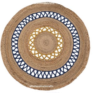 Hand Braided Jute Rug: Round Area Rug with Blue & Golden Design