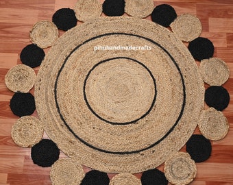 Hand Braided Black Jute Rug: Round Indoor Outdoor Area Rug
