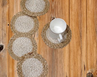 Handmade Jute Coaster Set: Round White Coaster With Jute Border Dining Table Decor