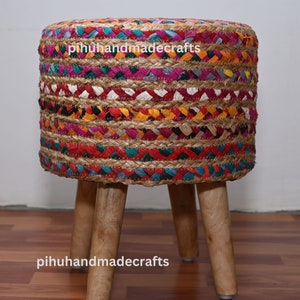 Handgefertigte Chindi Jute Ottomane: Boho Fußbank Hocker (35x35x43cm)